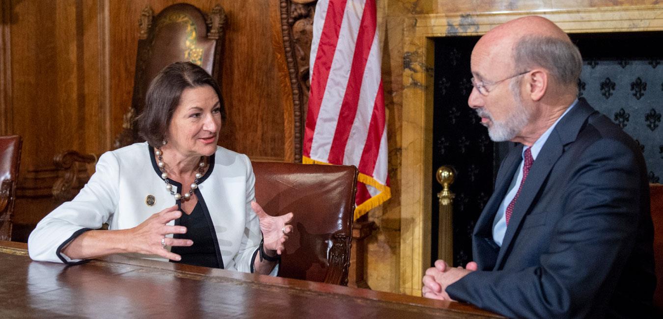 Representative Madden sitting and speaking with Governor Wolf in Governor’s Reception Room