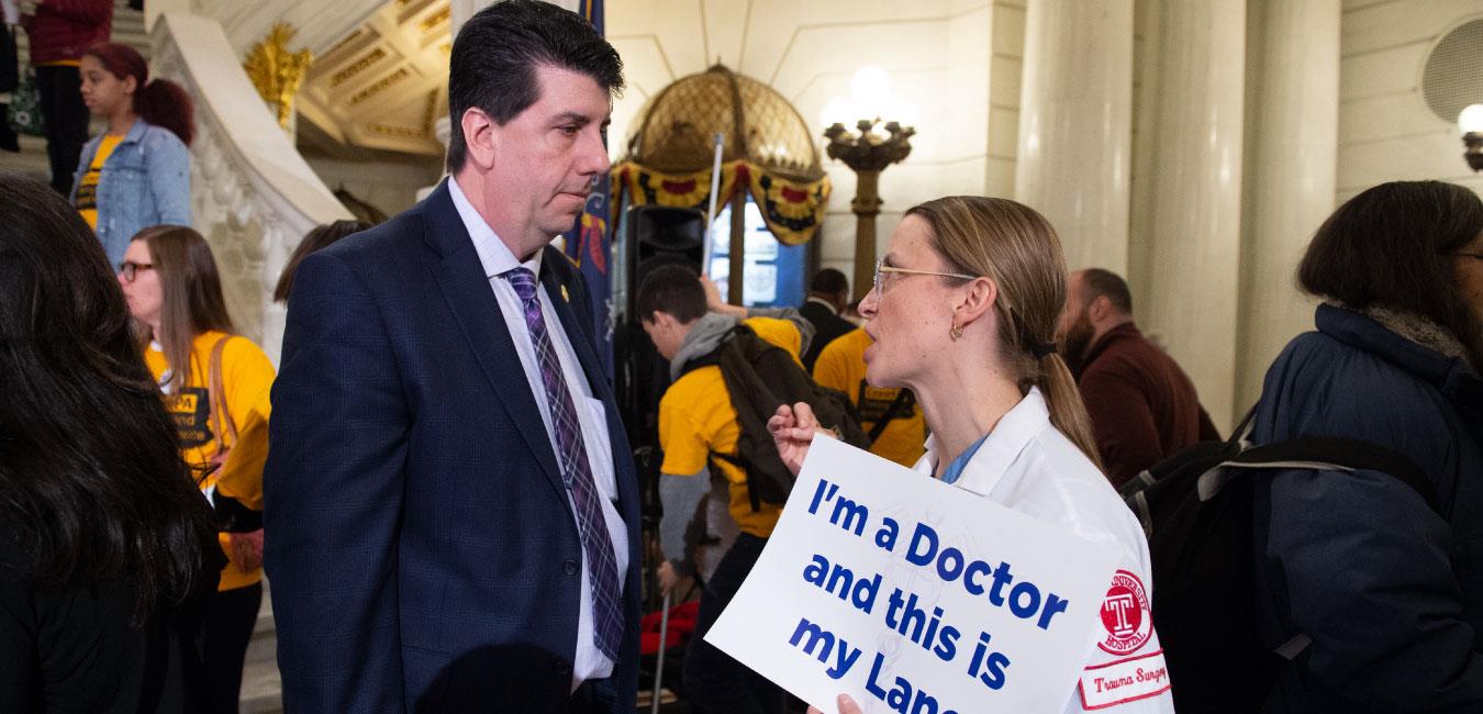 Representative Ciresi speaking to Temple University trauma surgeon at gun control rally at Capitol steps